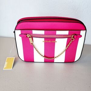Michael Kors Electric Pink and White Striped Crossbody Bag